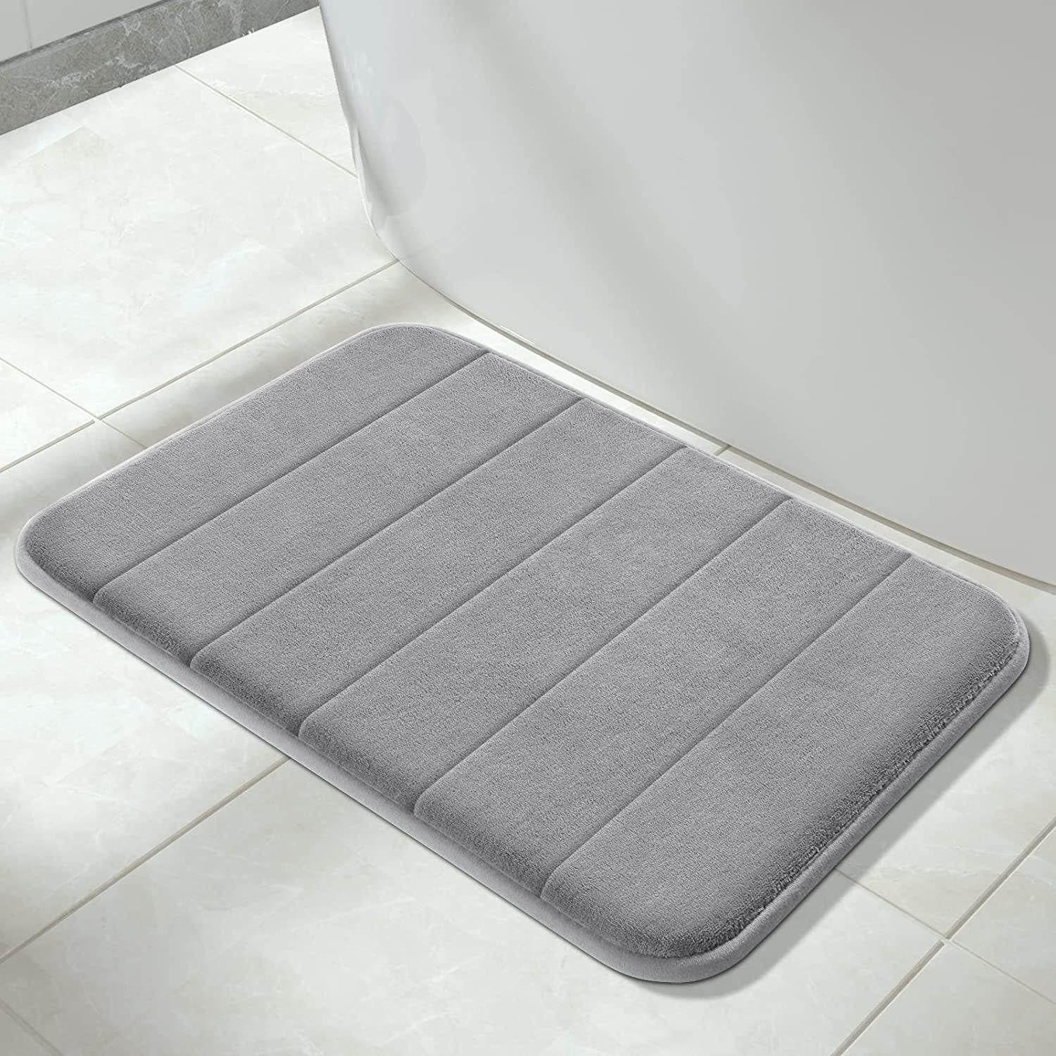 Memory Foam Bath Mat Rug, 24 X 17 Inches, Comfortable, Soft, Non-Slip, Super Absorbent, Quick Drying Bathroom Rug for Floor, Tub & Shower, Machine Washable, Thick, Grey