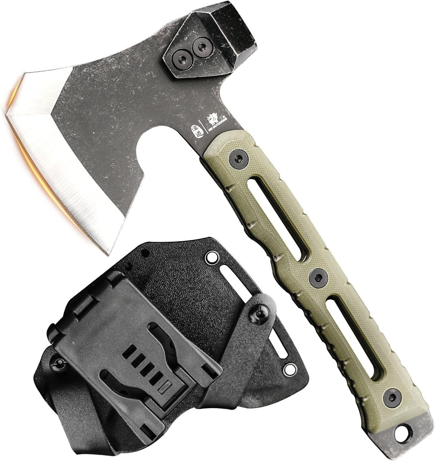 HX Outdoors Multifunctional Splitting Axe, Small Survival Camping Tactical Wood Hatchet, Mini Camp Bushcraft Hand Axes with Hammer and Kydex Sheath (Army Green)