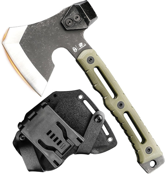 HX Outdoors Multifunctional Splitting Axe, Small Survival Camping Tactical Wood Hatchet, Mini Camp Bushcraft Hand Axes with Hammer and Kydex Sheath (Army Green)