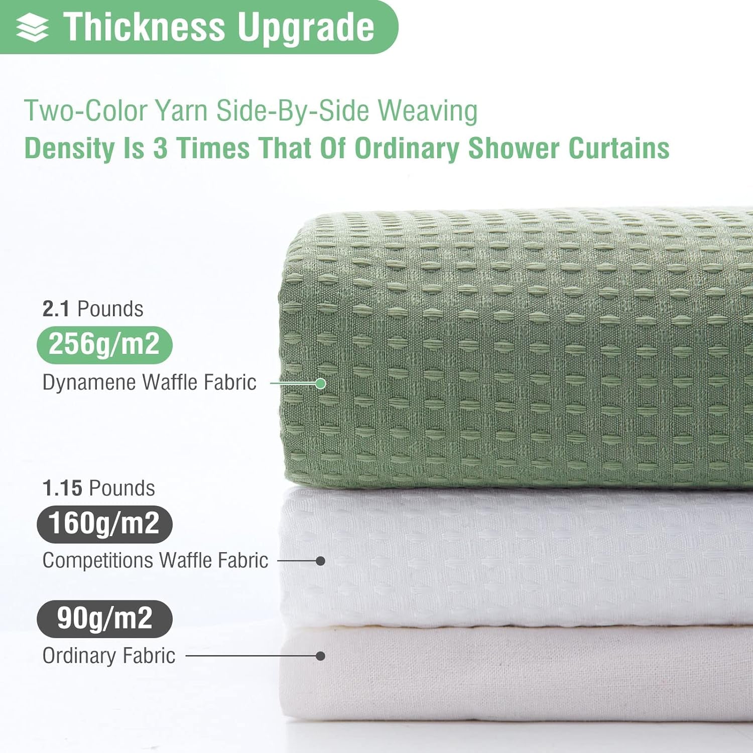 Sage Green Shower Curtain - Waffle Textured Heavy Duty Thick Fabric Shower Curtains for Bathroom, 256GSM Luxury Weighted Polyester Cloth Bath Curtain Set with 12 Plastic Hooks，72Wx72H,Green