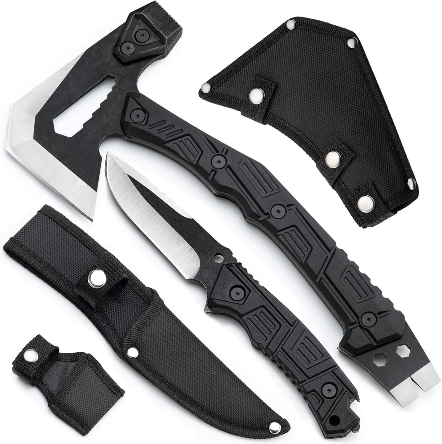 Survival Hatchet & Camping Axe with Fixed Blade Knife Combo Set, Full Tang Tactical Axe for Outdoor Camping Survival and Chopping Wood, Nylon Sheath Included