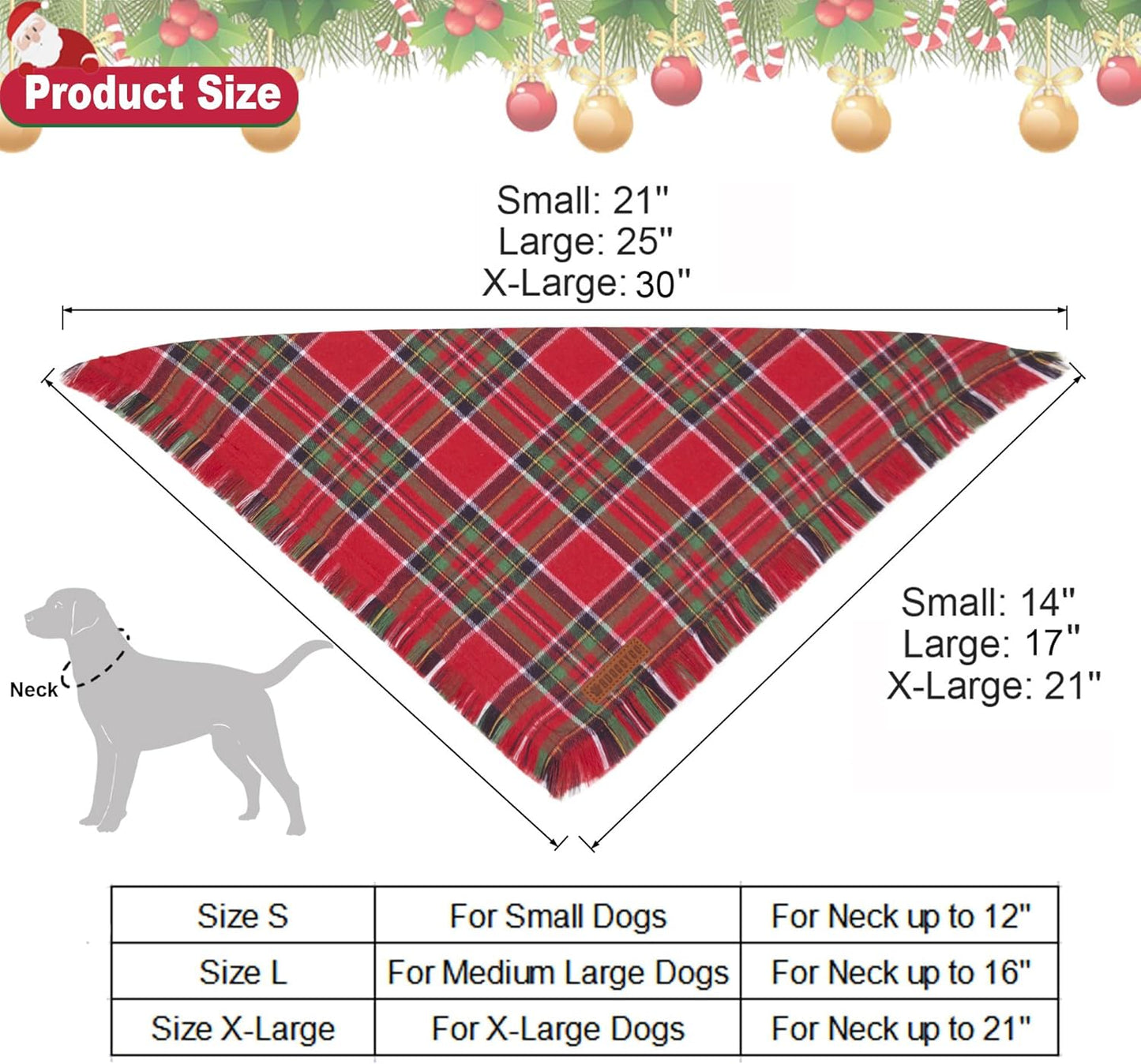 Christmas Dog Bandanas with Tassels Edges, Stylish Plaid Dog Christmas Scarf Bib, Multiple Sizes Offered, Plaid Bandanas for Medium Large Dogs (Christmas-1, Large)