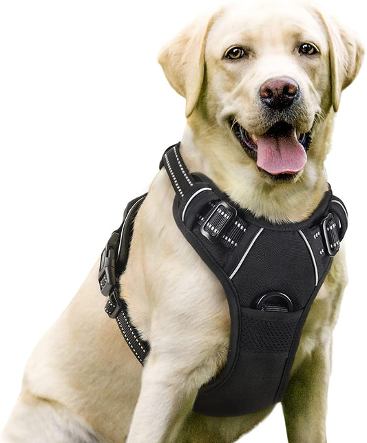 Dog Harness, No-Pull Pet Harness with 2 Leash Clips, Adjustable Soft Padded Dog Vest, Reflective No-Choke Pet Oxford Vest with Easy Control Handle for Large Dogs, Black, L