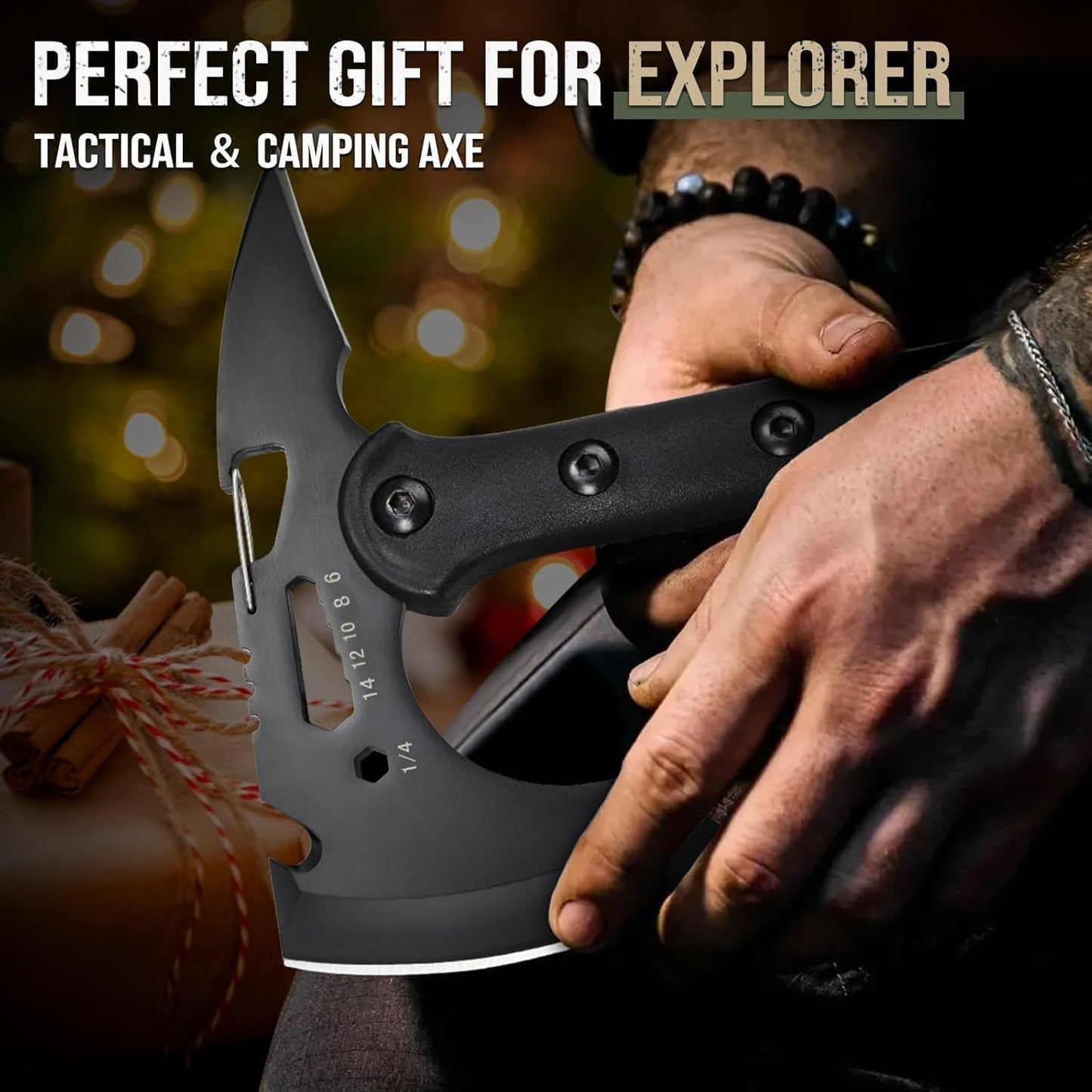 Tactical Hatchet, Tactical Axe with Bottle Opener, Multi-Size Hex Wrenches and Sheath, Tactical Tomahawk with Spike, Tomahawk Axe for Adventures, Survival, and Camping