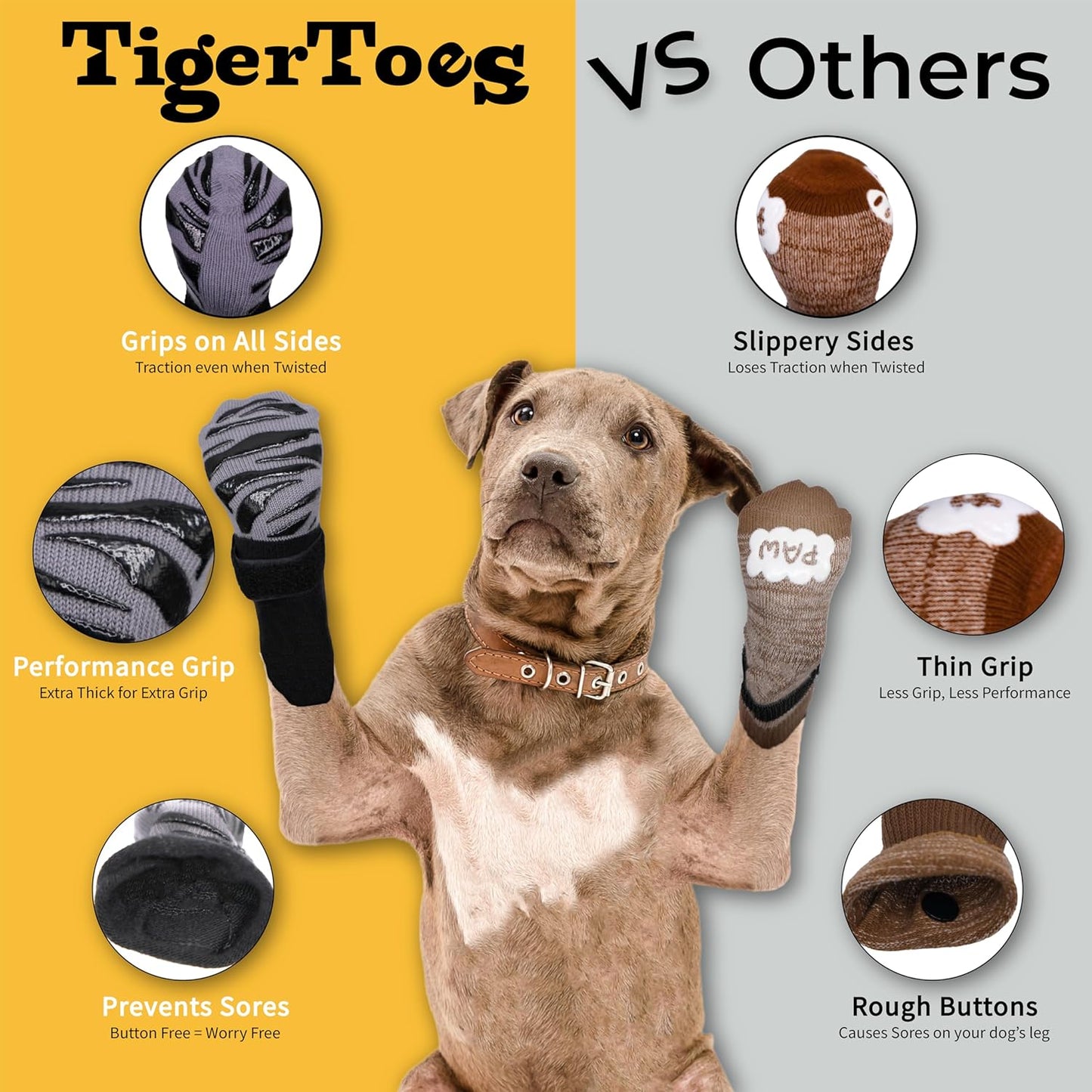 Tigertoes Premium Non-Slip Dog Socks for Hardwood Floors - Extra-Thick Grip That Works Even When Twisted - Prevents Licking, Slipping, and Great for Dog Paw Protection - Size Large