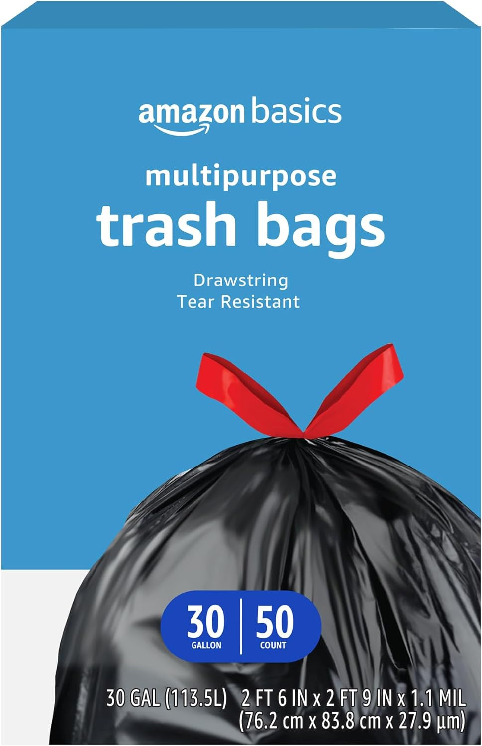 Multipurpose Drawstring Trash Bags, 30 Gallon, 50 Count (Previously Solimo)