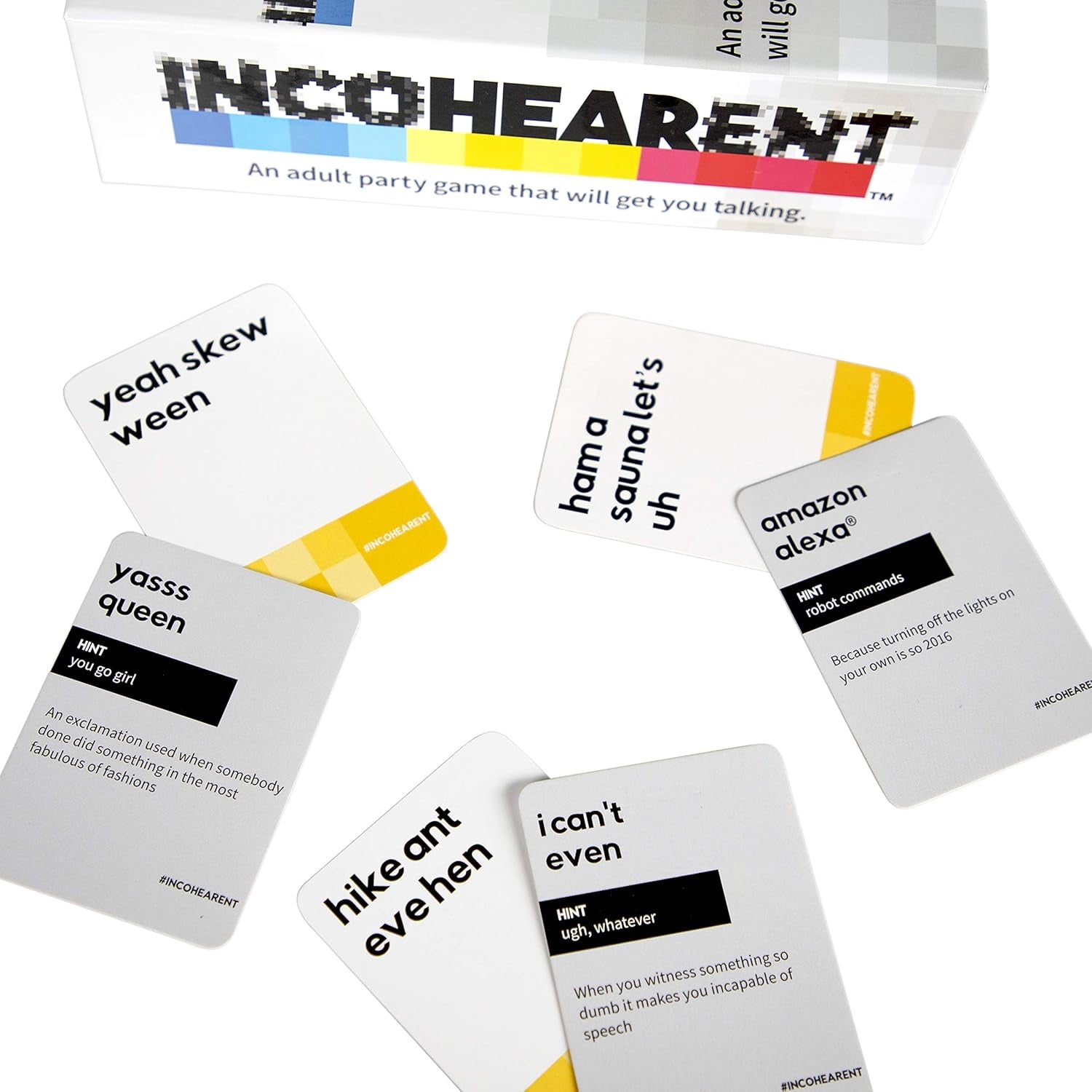 Incohearent, the Guess the Gibberish Party Game by Relatable, a Funny Card Game for Adults, Great for Christmas Party Games and Hanukkah Gifts, Includes 400 Cards, Instructions, and 1 Sand Timer