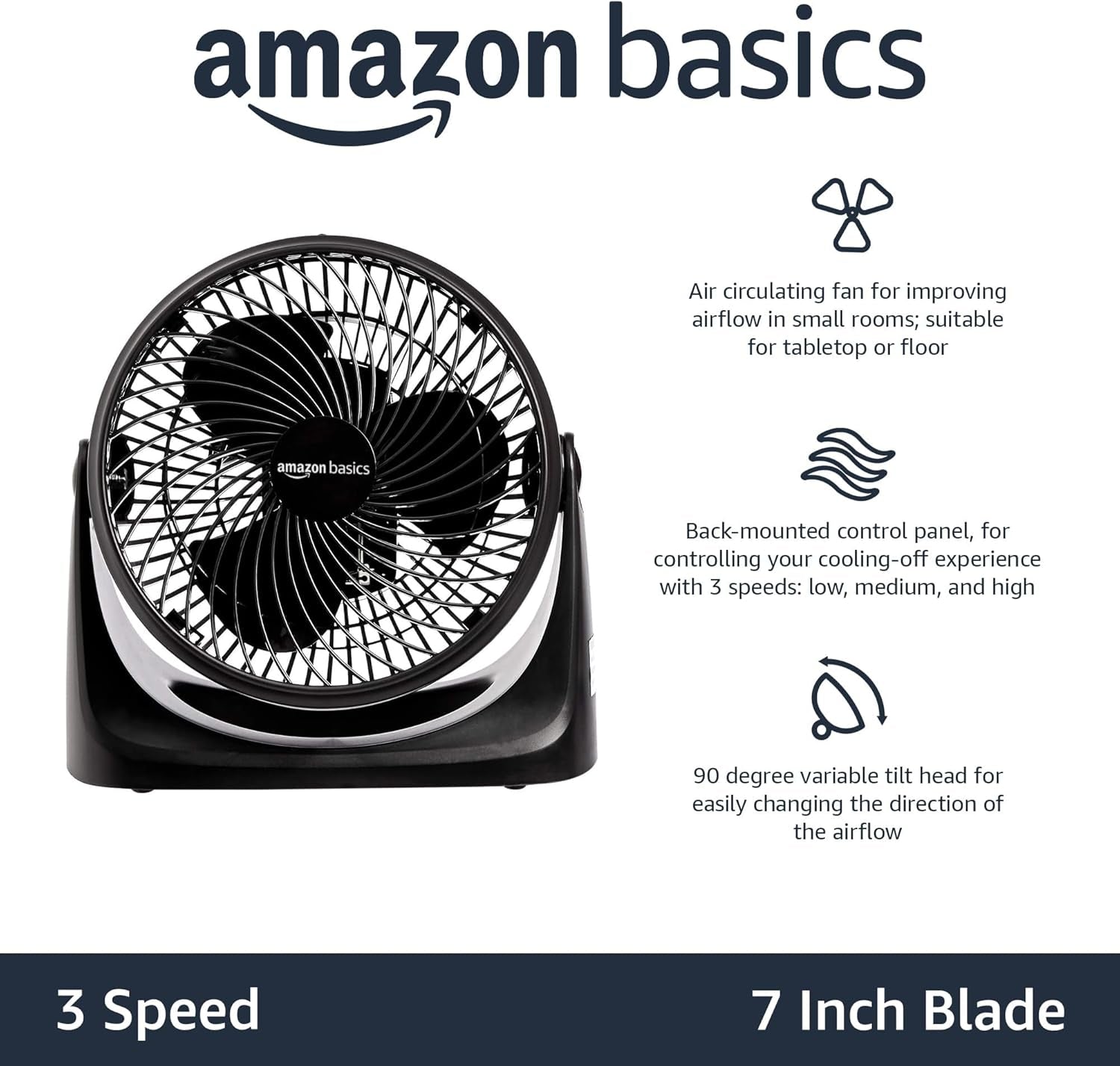 11-Inch Air Circulator Fan, Desk Fan for Bedroom, Home and Office, with 90-Degree Tilt Head, 3 Speed Settings, Lightweight (3 LBS), 35 Watts, Black, 11.1"Wx6.3"Dx10.9"H