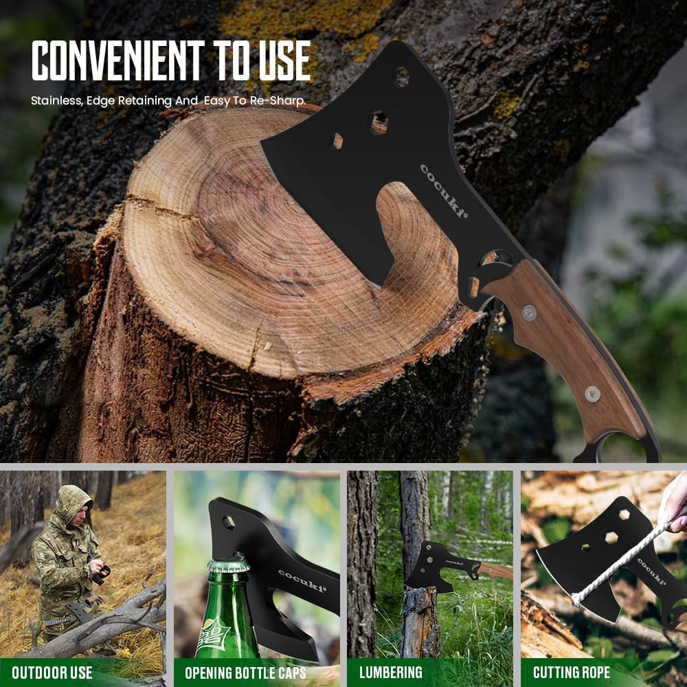 Outdoor Hatchet, Full Tang, Walnut Wood Handle Axe, for Outdoor Using Camping Survival Hiking, Leather Sheath Included