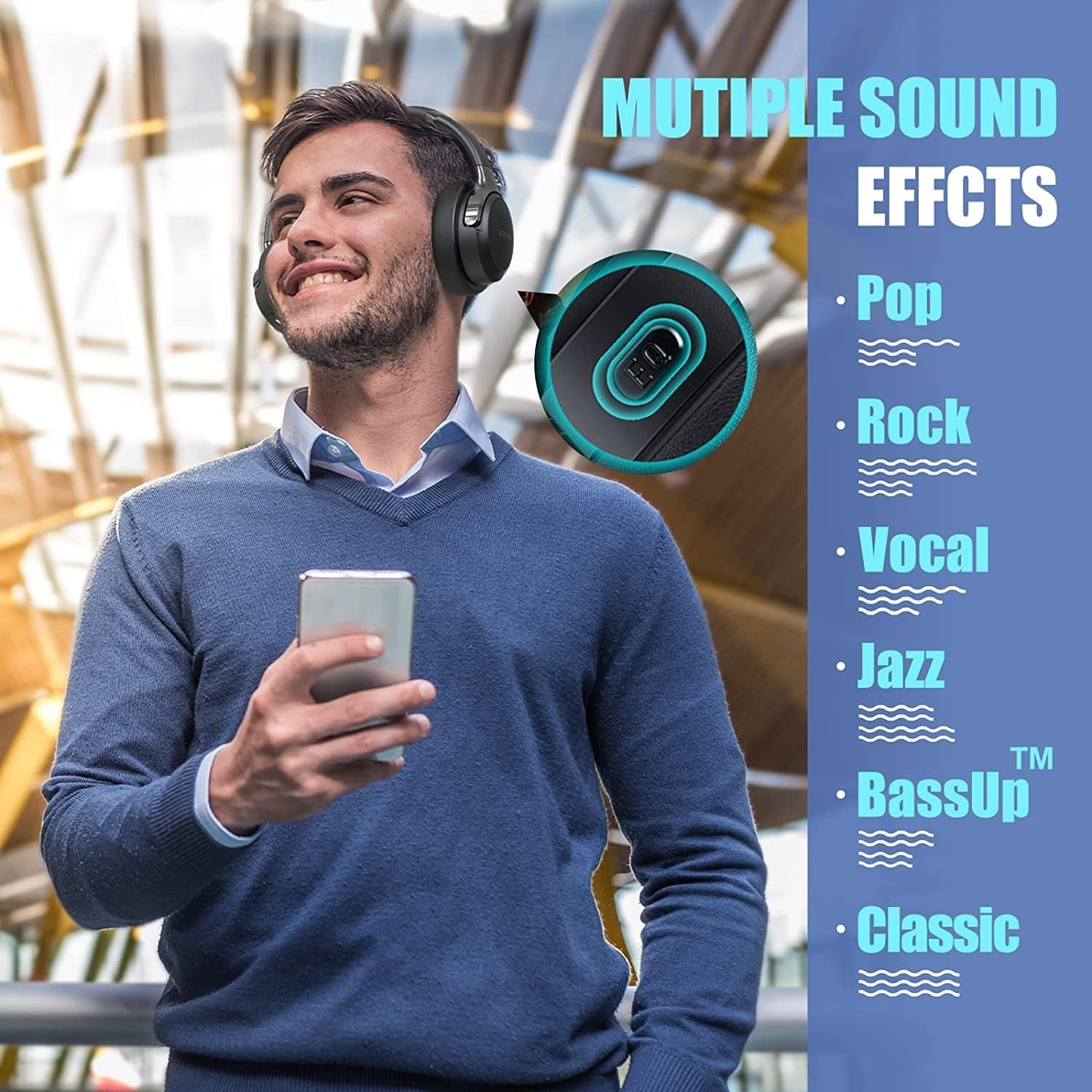 Bluetooth Headphones over Ear, 65H Playtime and 6 EQ Music Modes Wireless Headphones with Microphone, Hifi Stereo Foldable Lightweight Headset, Deep Bass for Home Office Cellphone PC Ect.