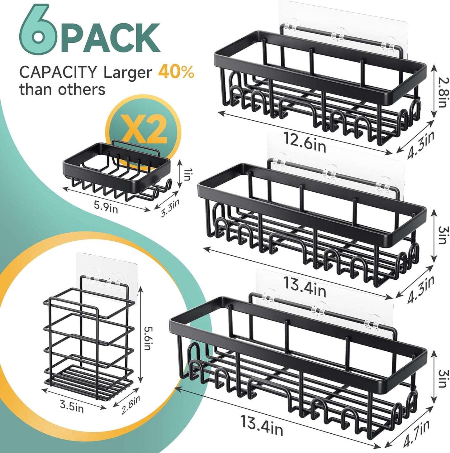 Adhesive Shower Caddy 6-Pack, Large Capacity Bathroom Organizers and Storage, Rustproof Shelves Rack with Soap Holder, No Drilling Wall-Mounted Kitchen & Home Decor, Bath Decor&Essentials, Black