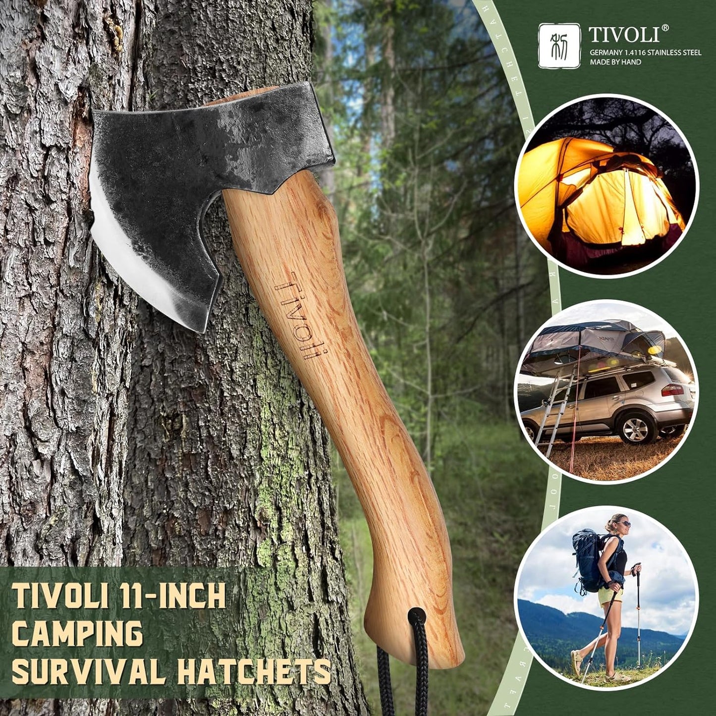 11 Inch Hatchet Camping Axe,Small Bushcraft Axe for Chopping and Wood Splitting,Ash Wood Handle,Perfect for Outdoor Survival and Adventures,Hunting, Trekking,Gardening