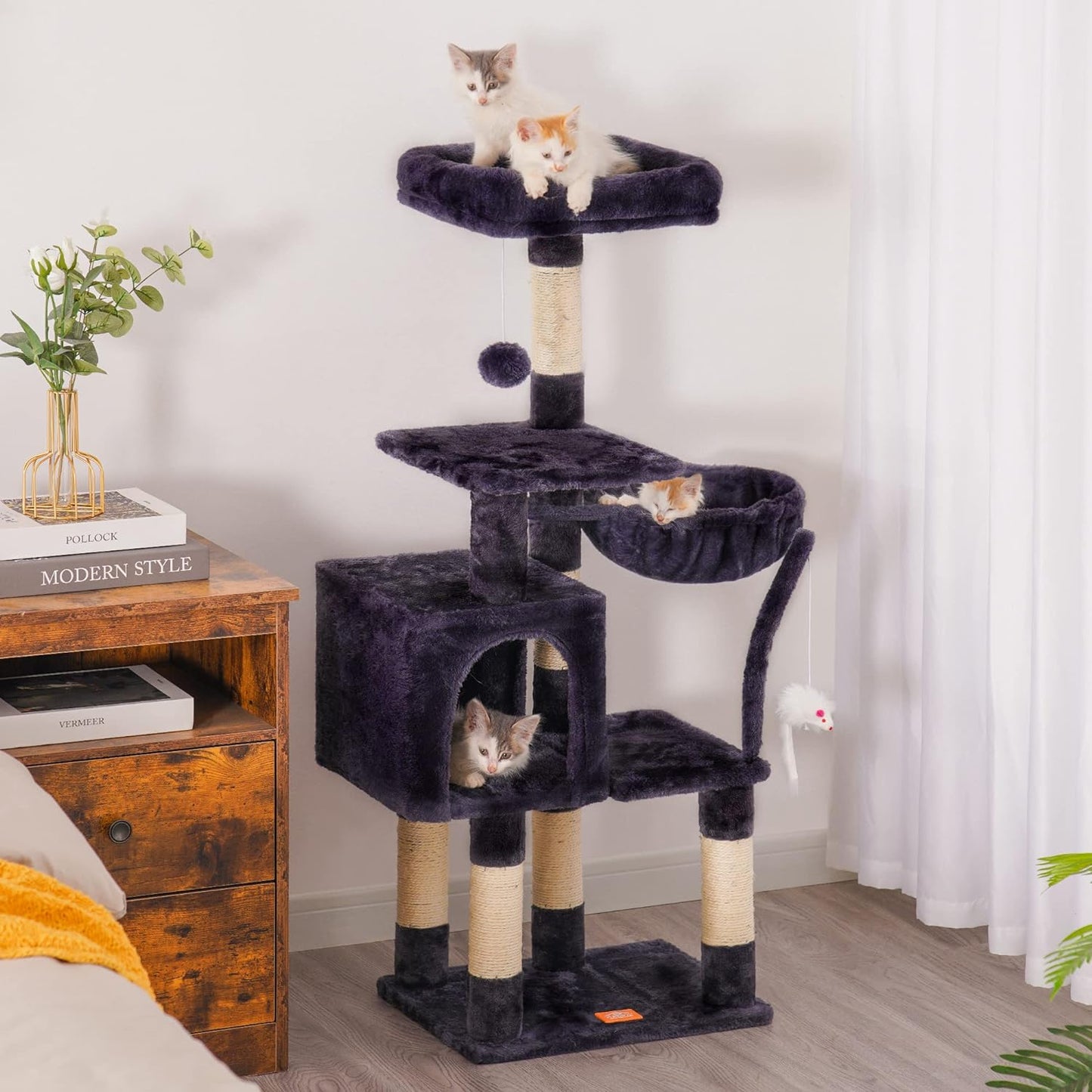 Cat Tree with Toy, Cat Tower Condo for Indoor Cats, Cat House with Padded Plush Perch, Cozy Hammock and Sisal Scratching Posts, Smoky Gray HCT004SG