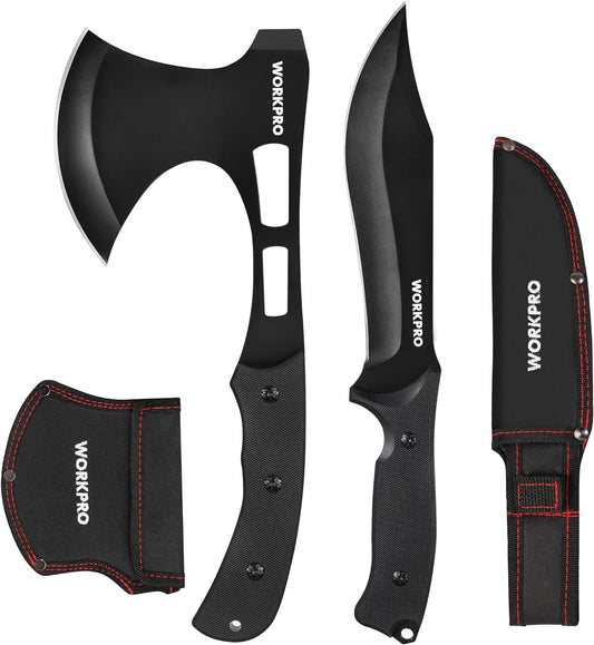 Hunting Knife and Hatchet Axe Combo Set - Full Tang Fixed Blade Tactical Knife and Camping Axe - Survival Knife and Camping Hatchet with Sheathes - Tactical Knife and Survival Axe for Men