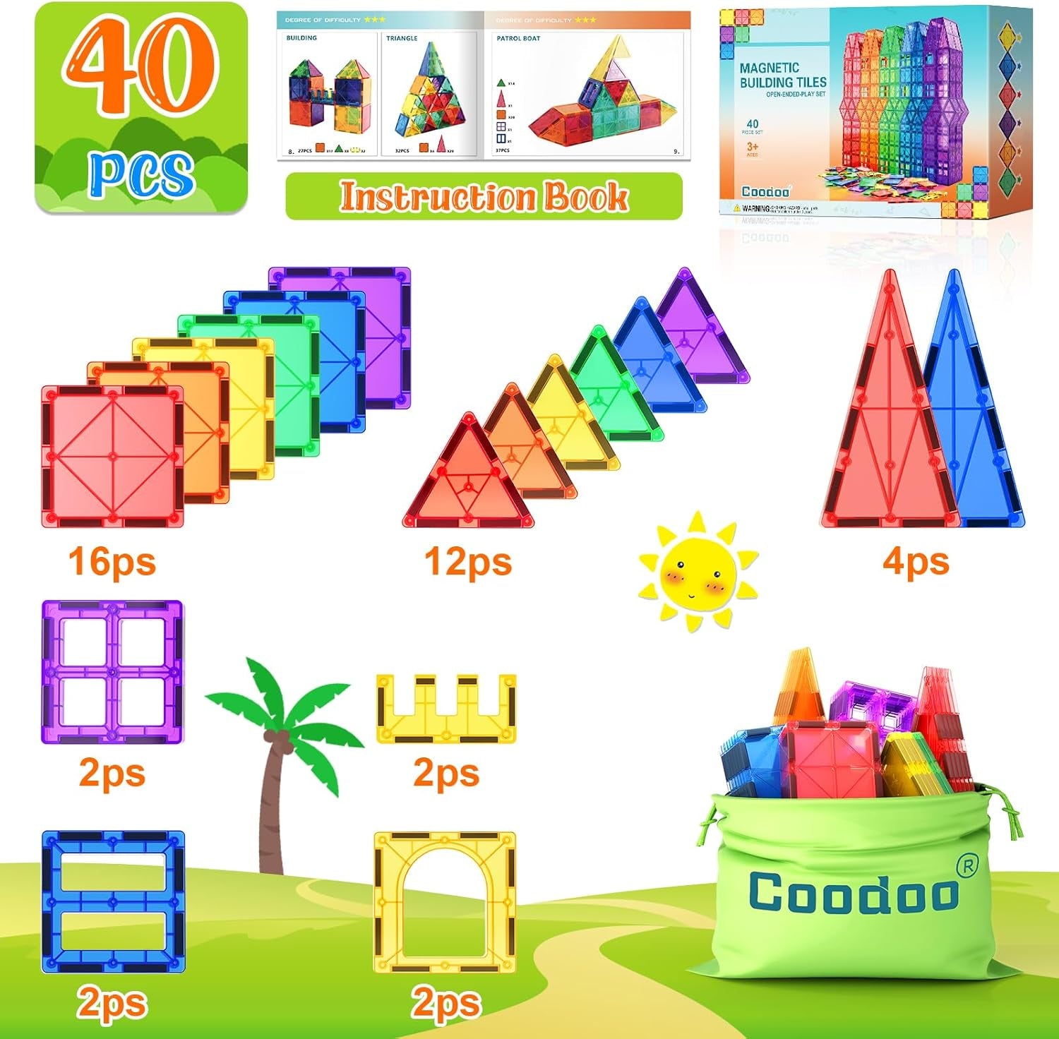 Magnetic Tiles Kids Toys STEM Magnet Toys for Toddler Magnetic Blocks Building Toys Preschool Learning Sensory Montessori Toys for 3+ Year Old Boys and Girls, Safe Creativity Toddler Kids Toys 40PCS