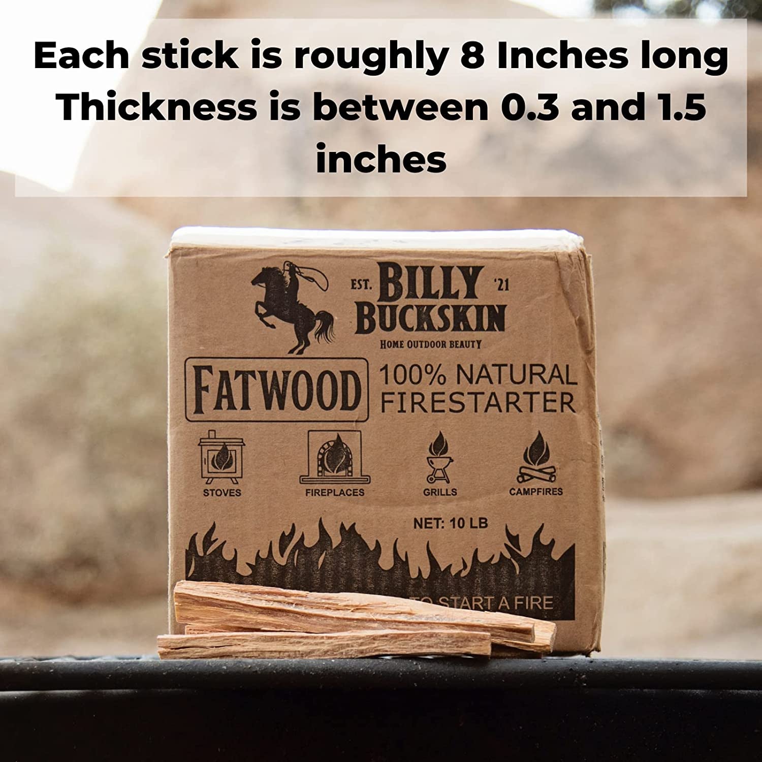 Billy Buckskin 10 Lbs. Fatwood Fire Starter Sticks Camping Essentials | Great Fire Logs and Fire Starters for Campfires, Wood Stoves, Fireplaces, Bonfires | Start a Fire with 2 Sticks | 10 Lb Box