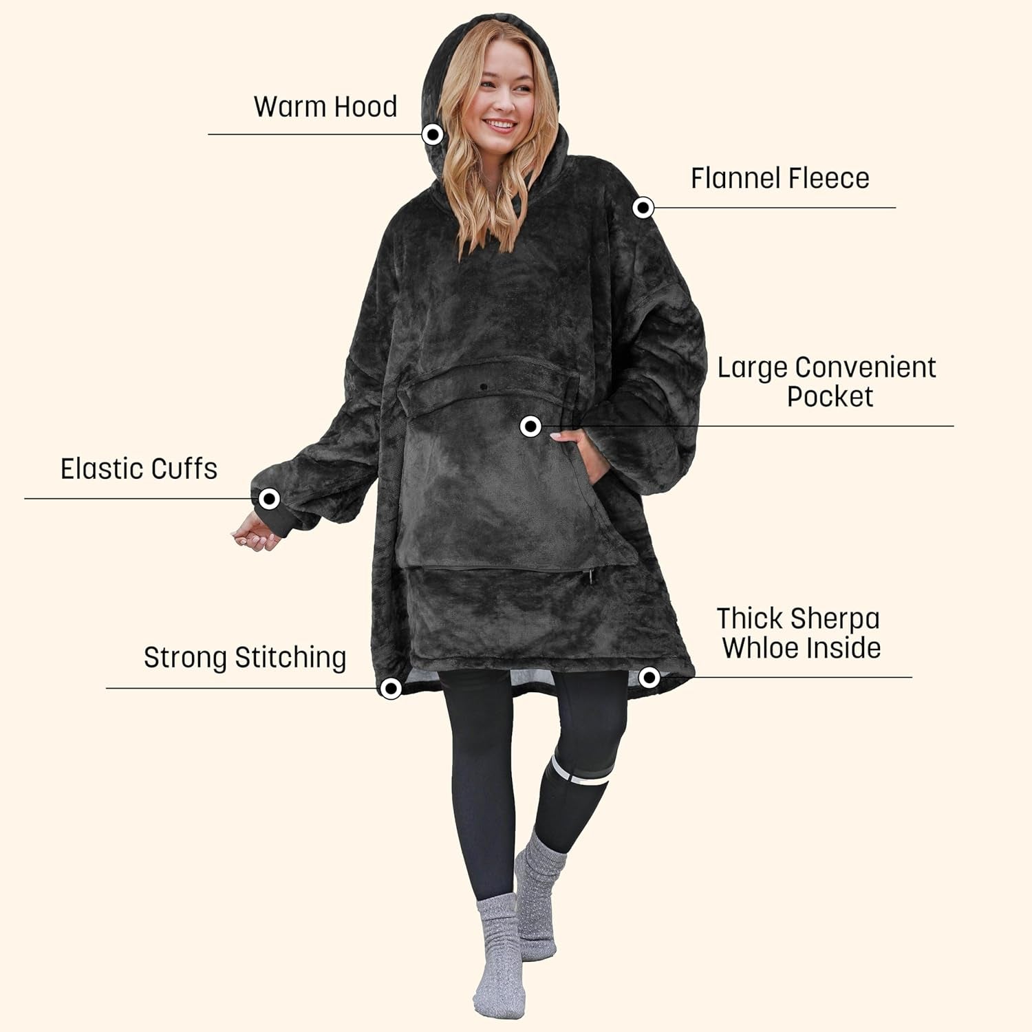 Oversized Blanket Hoodie Sweatshirt, Wearable Sherpa Lounging Pullover for Adults Women Men