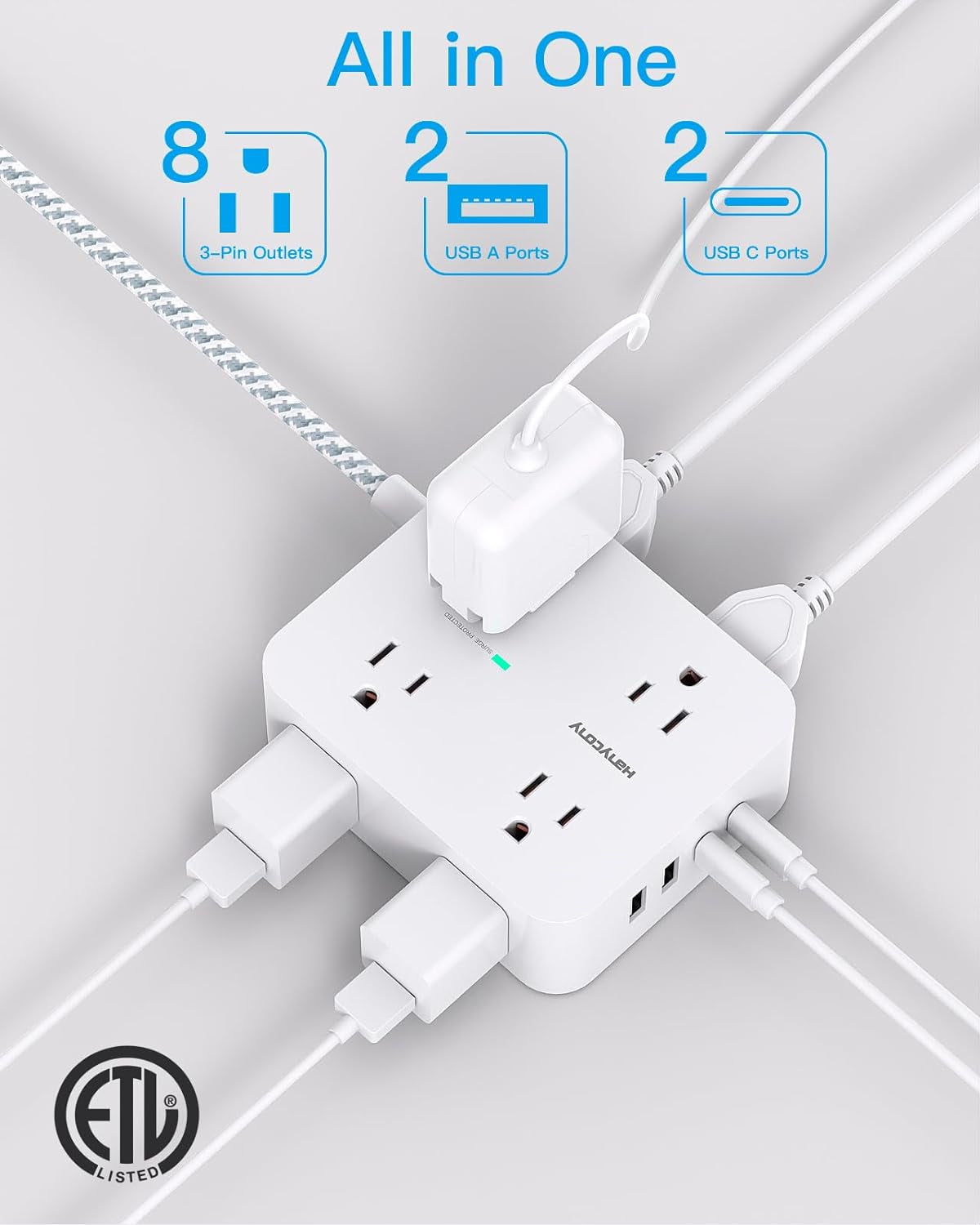 Surge Protector Power Strip - 8 Outlets with 4 USB (2 USB C) Charging Ports, Multi Plug Outlet Extender, 5Ft Braided Extension Cord, Flat Plug Wall Mount Desk USB Charging Station for Home Office ETL