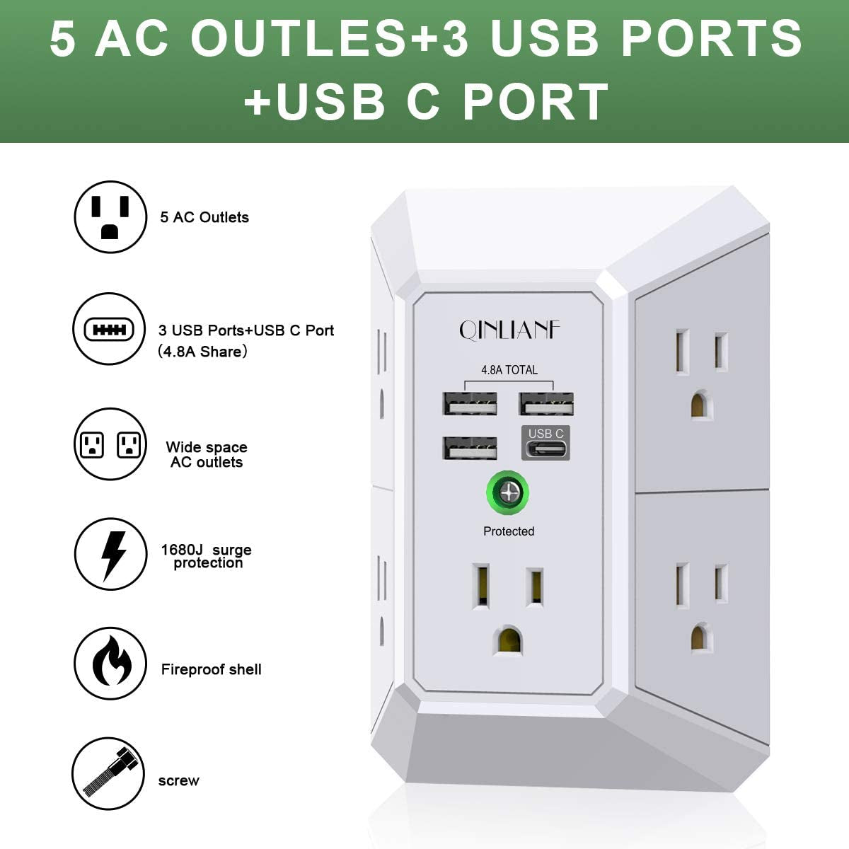 Wall Charger, Surge Protector,  5 Outlet Extender with 4 USB Charging Ports (4.8A Total) 3-Sided 1680J Power Strip Multi Plug Adapter Spaced for Home Travel Office (3U1C)