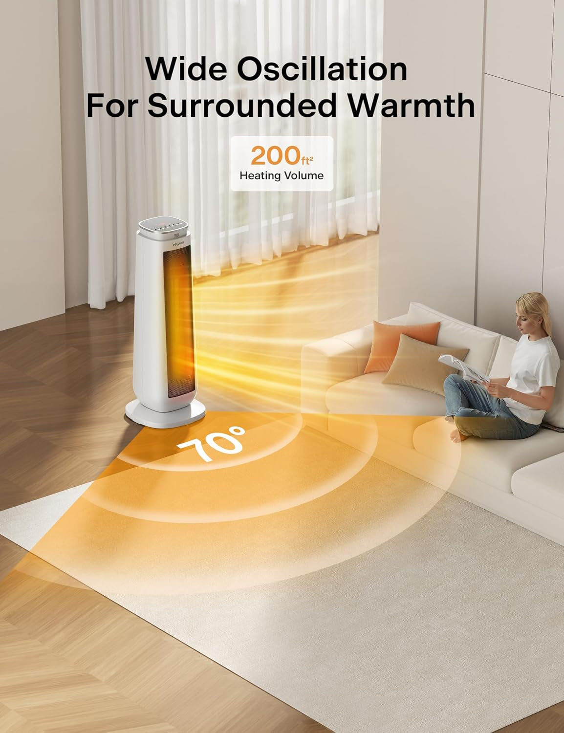 23” Oscillating Ceramic Tower Space Heater with Remote & Thermostat, Electric Energy Efficient Floor Heater for Indoor Use Large Room Safe with Timer, ECO Mode, 1500W, White