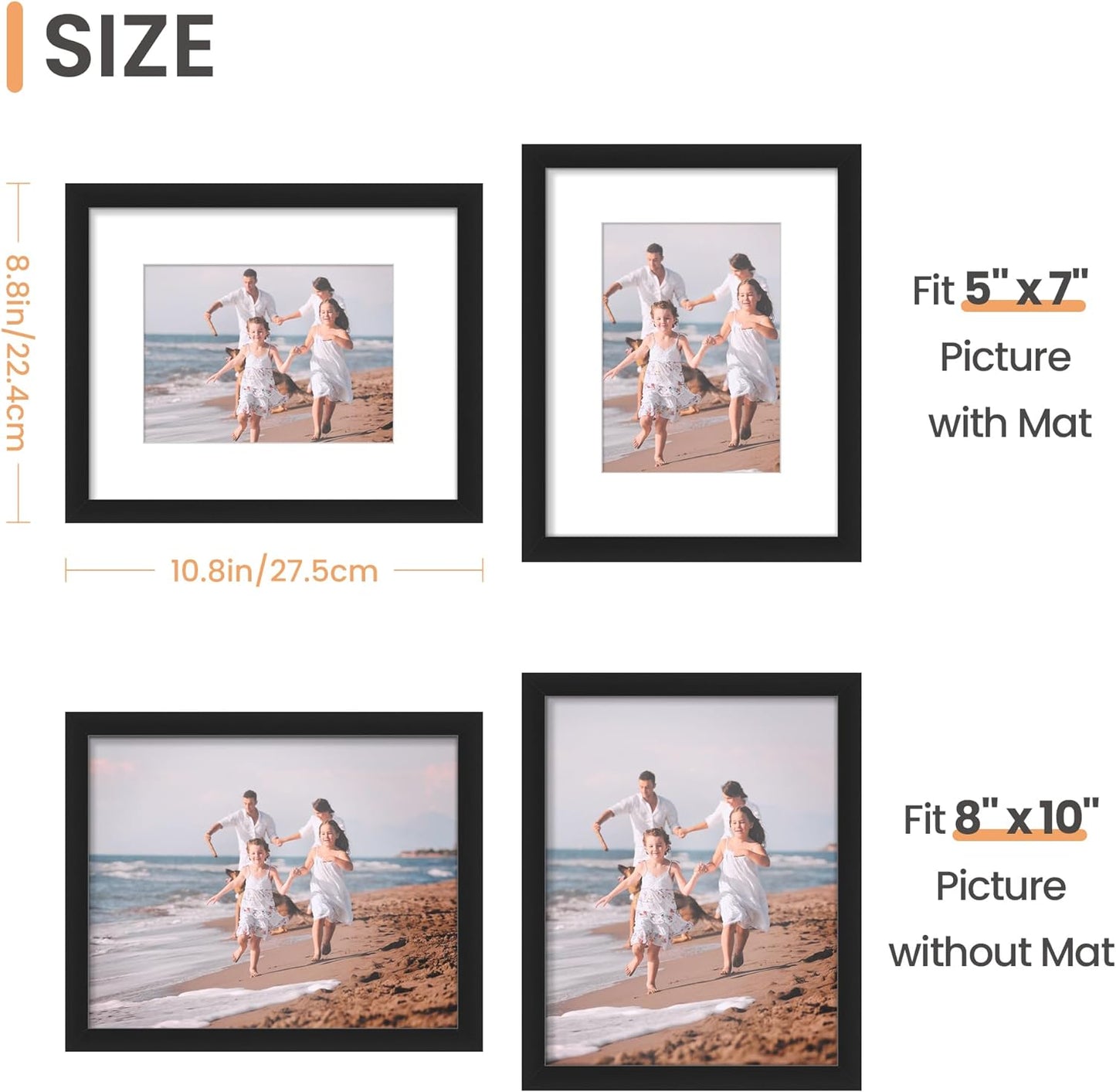 8X10 Picture Frame Set of 5, Display Pictures 5X7 with Mat or 8X10 without Mat, Wall Gallery Photo Frames, Black