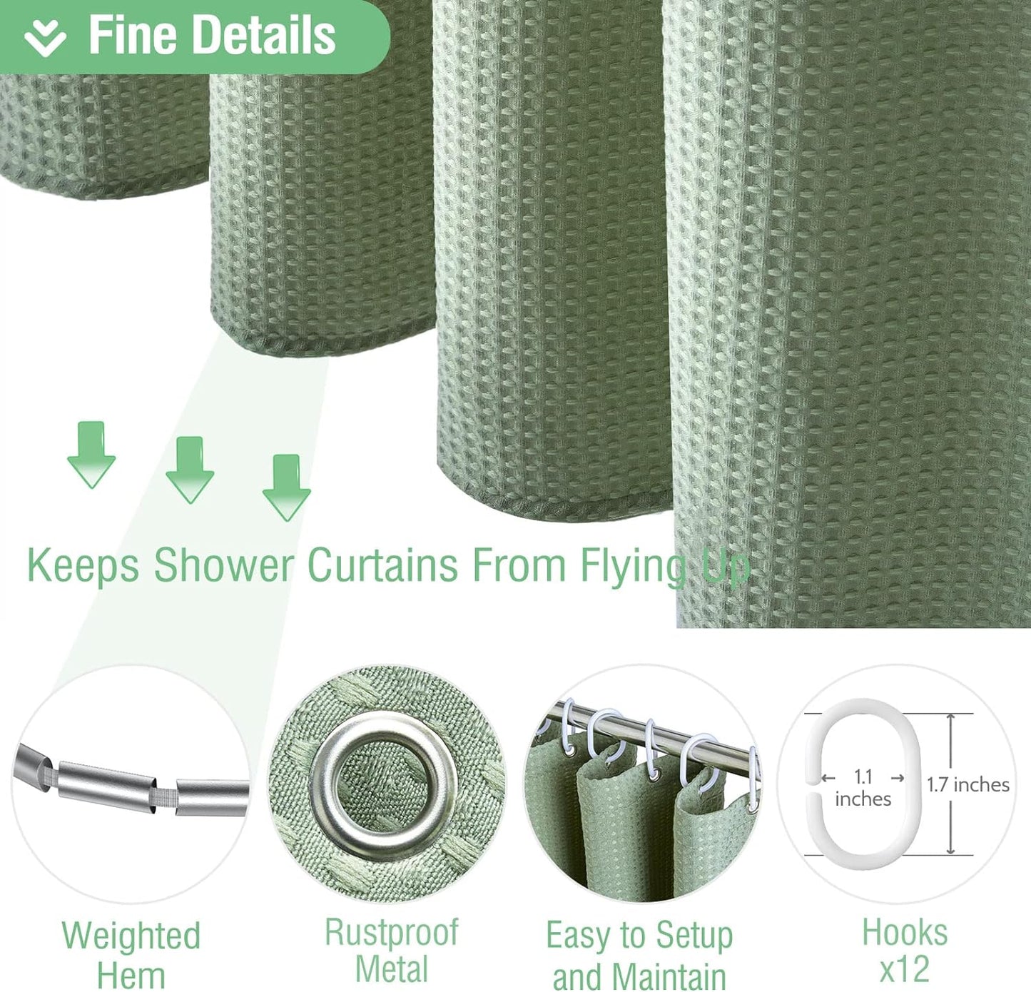 Sage Green Shower Curtain - Waffle Textured Heavy Duty Thick Fabric Shower Curtains for Bathroom, 256GSM Luxury Weighted Polyester Cloth Bath Curtain Set with 12 Plastic Hooks，72Wx72H,Green