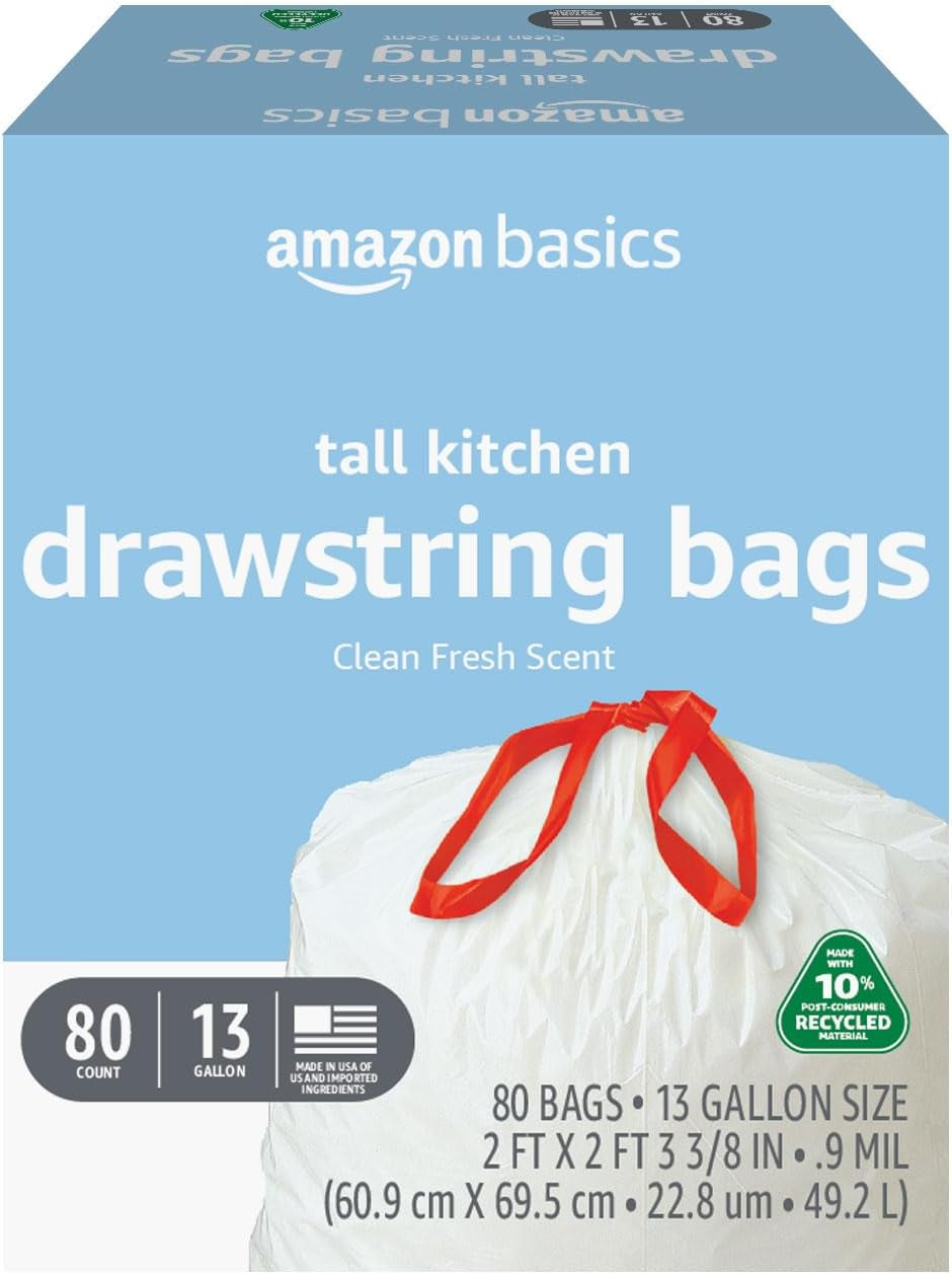 - Tall Kitchen Trash Bags, 13 Gallon, 10% Post Consumer Recycled Content, Clean Fresh Scent, 80 Count, Pack of 1