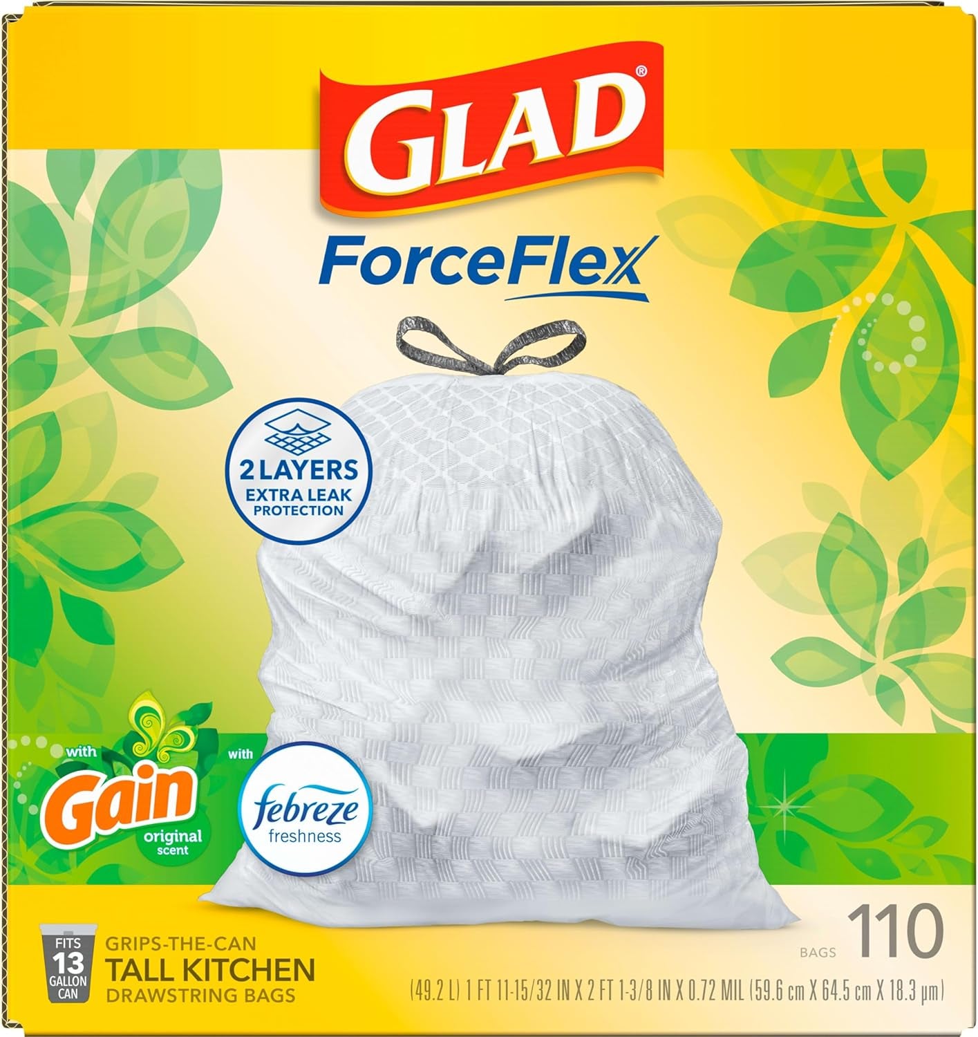 Forceflex Tall Kitchen Trash Bags, 13 Gal, Gain Original with Febreze, 110 Ct (Pack May Vary)