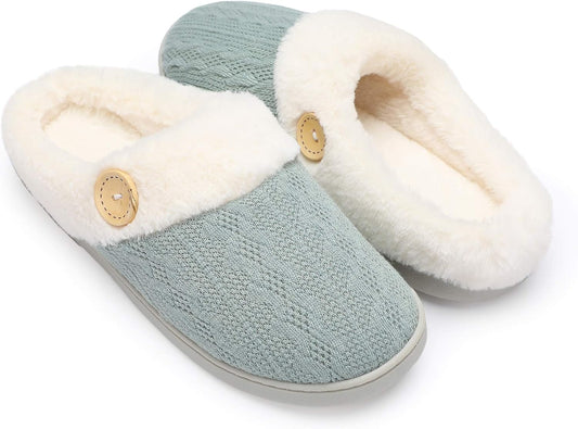 Womens Slipper Warm Comfy Memory Foam House Slippers Knitted Shoes Faux Fur Lined Anti-Skid Rubber Sole Bedroom Cozy Indoor Outdoor Slippers