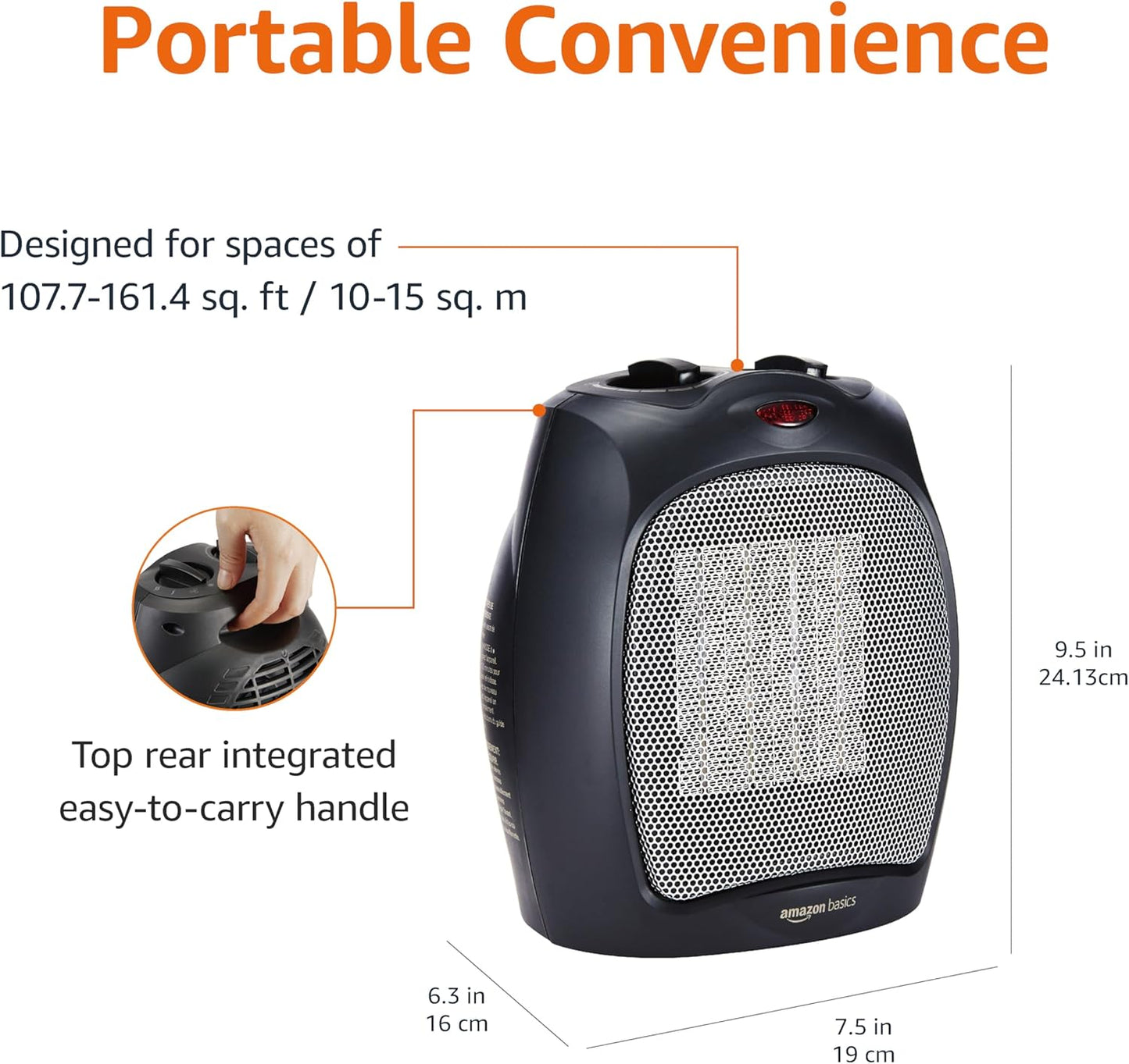 Ceramic Space Heater, Portable Heater for Indoor Use, for Office and Home, with Overheat and Tip-Over Protection, Thermostat, Non-Oscillating, 1500W, Black, 7.52"D X 6.34"W X 9.45"H