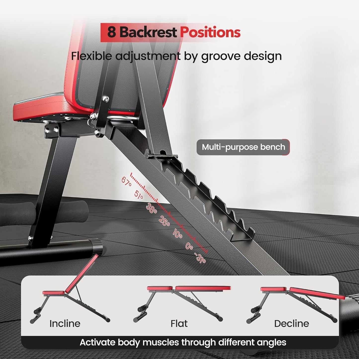 Basic Weight Bench for Home Gym, Foldable Workout Bench with 8 Backrests, 660LBS Weight Capacity Adjustable Bench