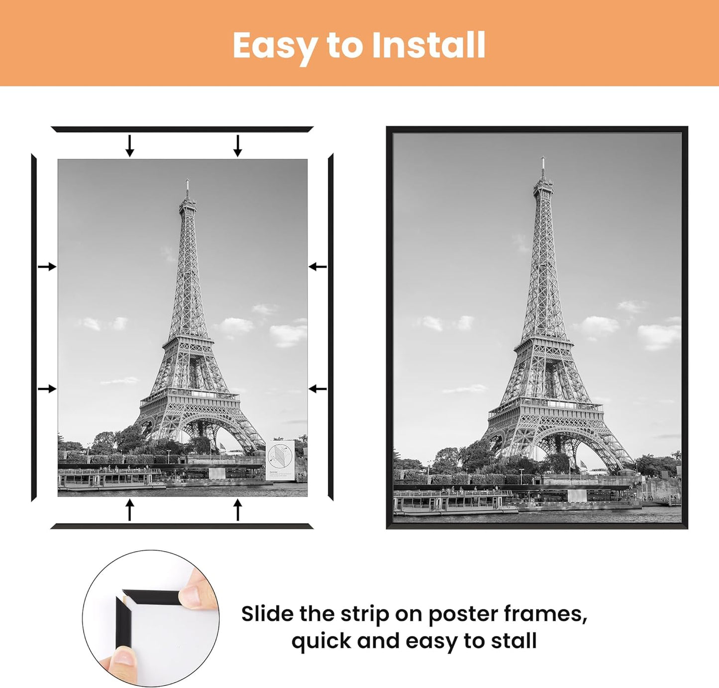 24X36 Poster Frame Black 3 Pack, Picture Frames 24 X 36 for Horizontal or Vertical Wall Mounting - Slide-In Photo Frame Strips, Scratch-Proof Wall Gallery Photo Frame