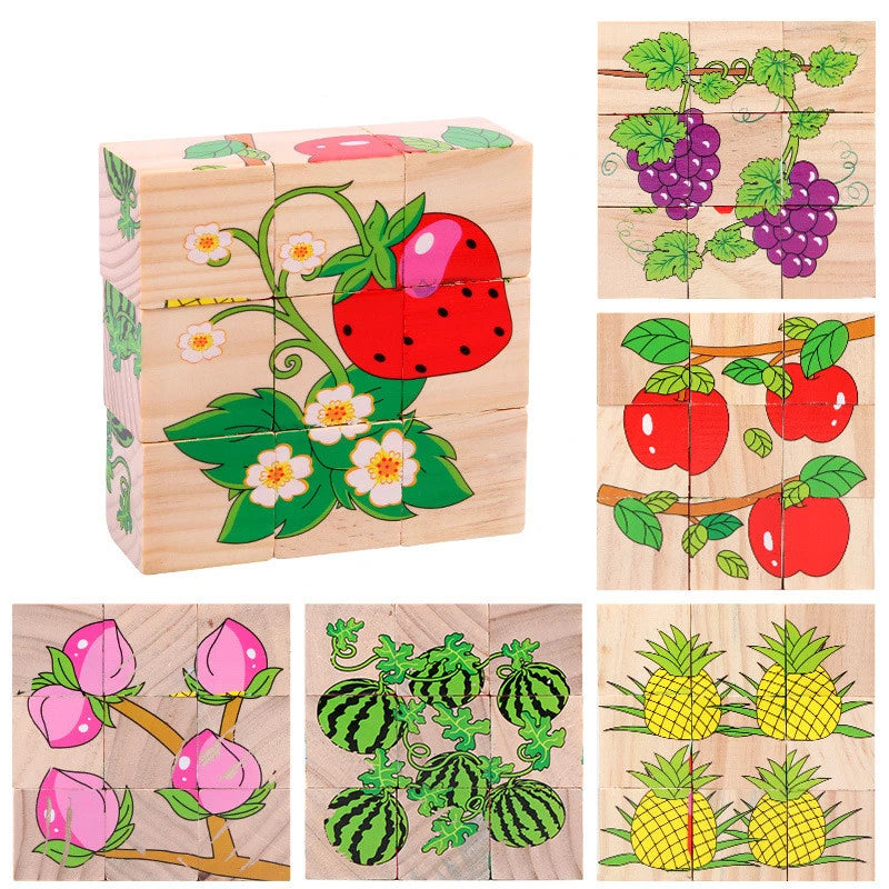 Baby Wooden Blocks Toys Children Six Side Cube Jigsaw Puzzles Game Animal Fruit Traffic Cognize Early Learning Educational Toys