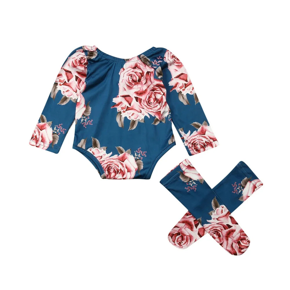 0-24M Newborn Baby Girl Clothing Autumn Long Sleeve Floral Romper Jumpsuit + Warm Leg Socks Outfit Baby Clothes