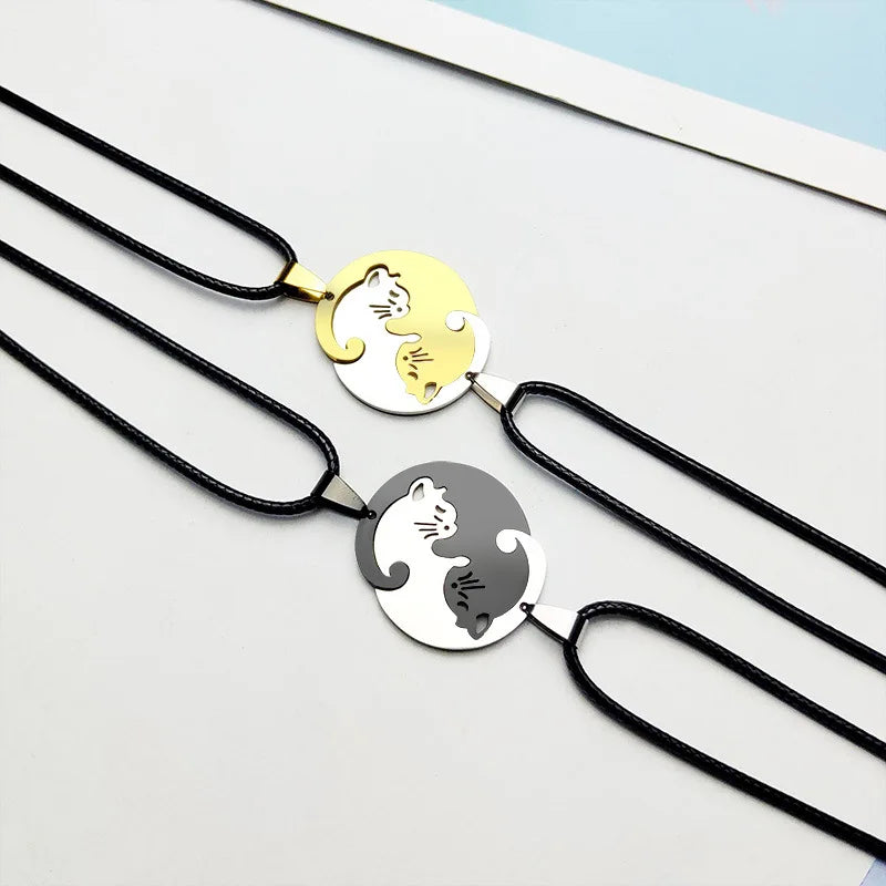 Stainless Steel Love Heart Round Yin Yang Pendant Necklaces Cute Hug Cat Couple Necklace