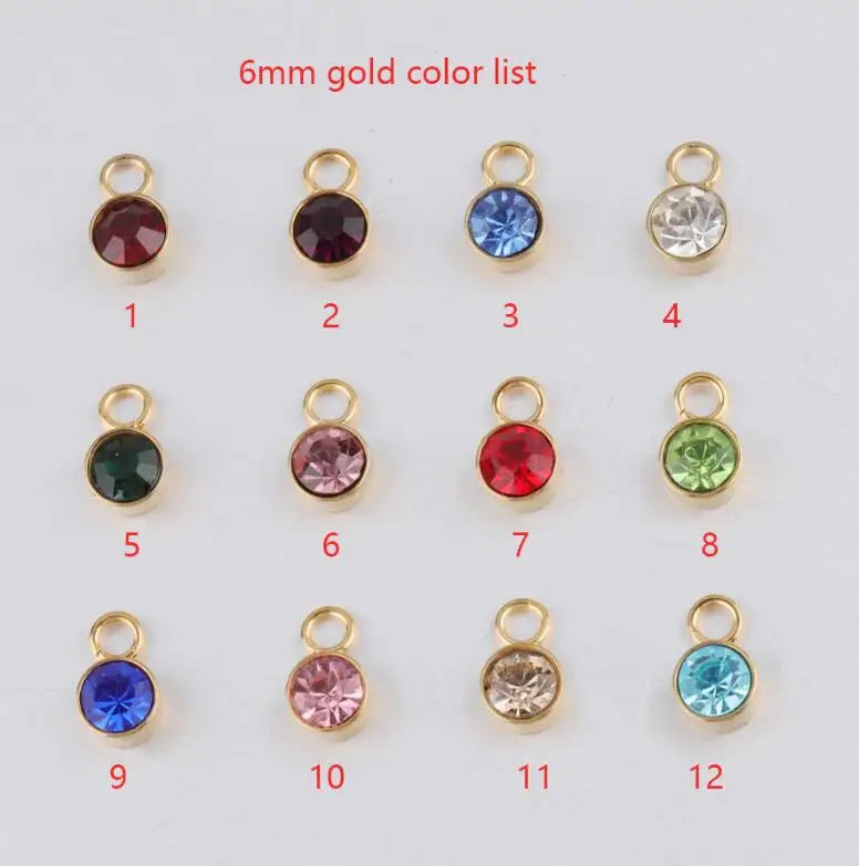 New 60 piece/lot Stainless Steel Crystal Pendant steel Gold Color 12 Birthstone Charm Round 6mm 6.5mm Rhinestones Charms