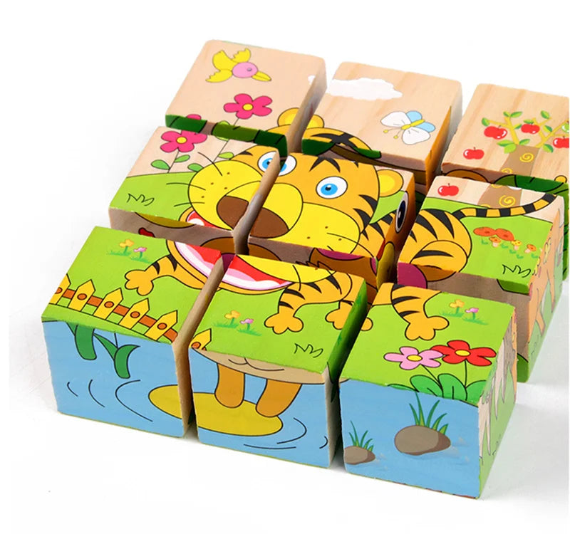 Baby Wooden Blocks Toys Children Six Side Cube Jigsaw Puzzles Game Animal Fruit Traffic Cognize Early Learning Educational Toys