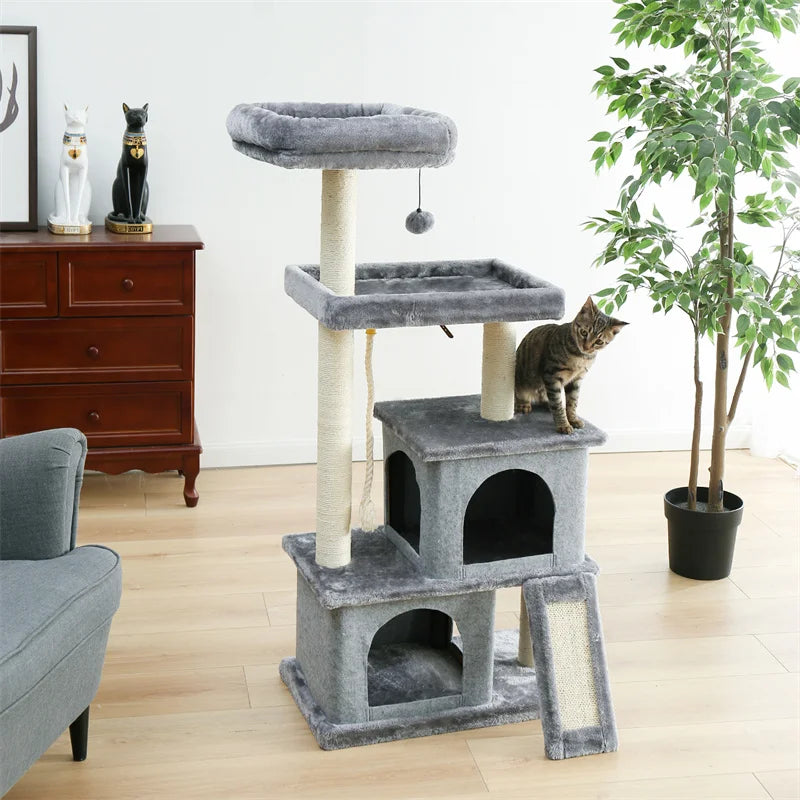 Cat Tree Luxury Cat Towers with Double Condos Spacious Perch Cat Hammock Fully Wrapped Scratching Sisal Post and Dangling Balls