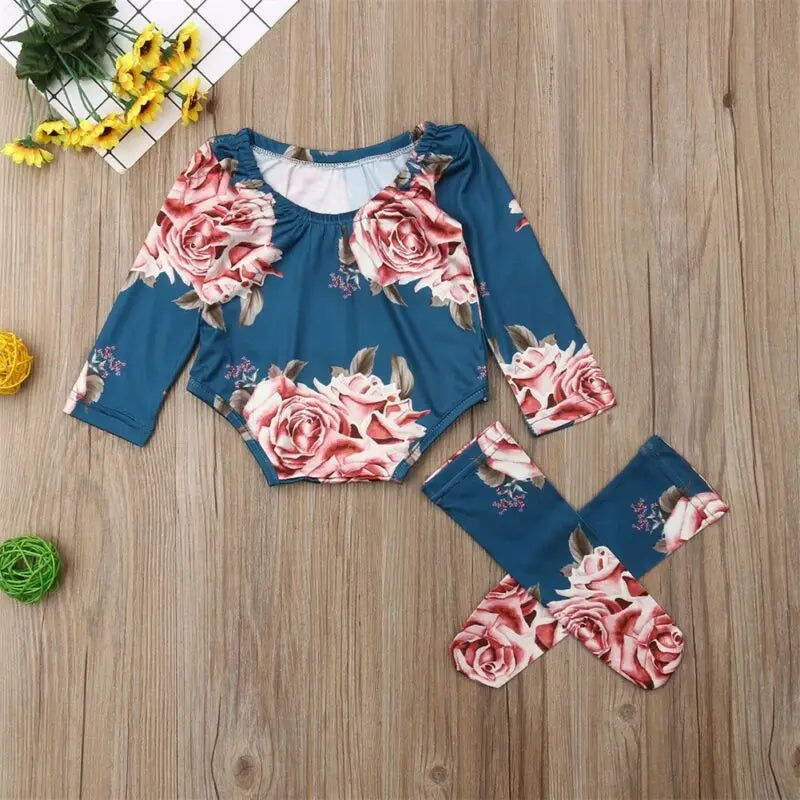 0-24M Newborn Baby Girl Clothing Autumn Long Sleeve Floral Romper Jumpsuit + Warm Leg Socks Outfit Baby Clothes