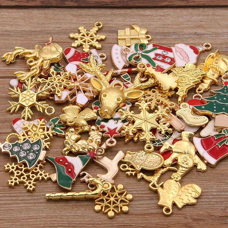 Random 20Pcs 10- 40 Style Alloy Metal Christmas Drop Oil Charms Gold Color Pendant For DIY Bracelet Necklace Jewelry Making