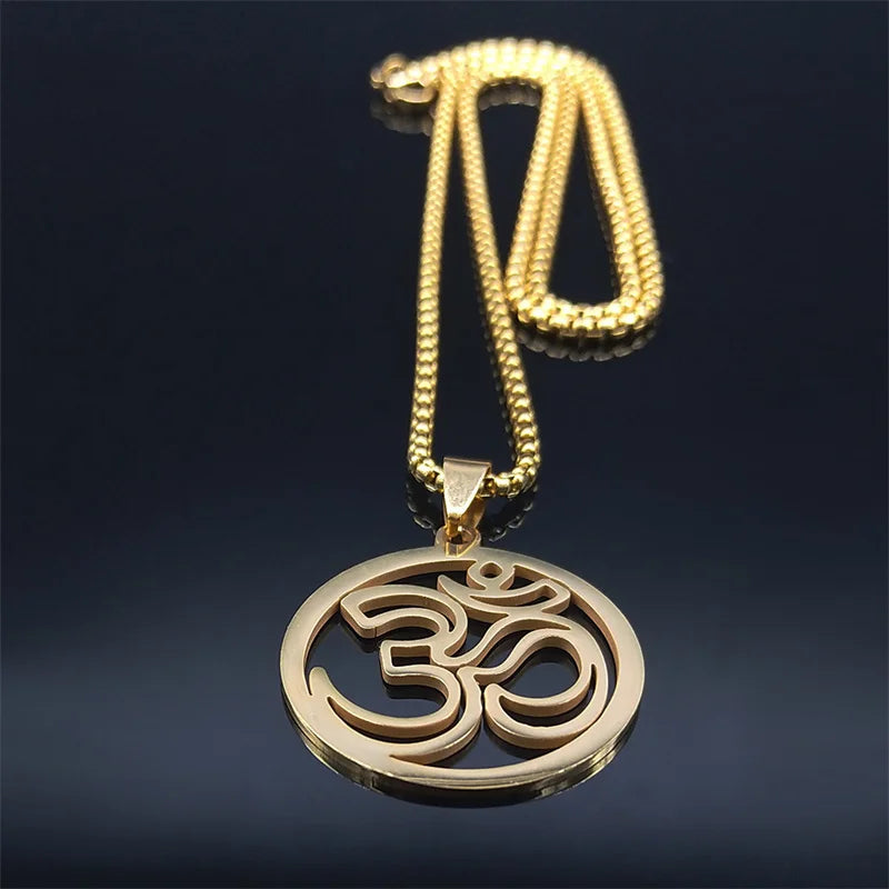 Stainless Steel Yoga Om Symbol Necklace Women/Men Gold Color Religion Buddhism Sign Pendants Jewelry cadenas mujer N7052S02