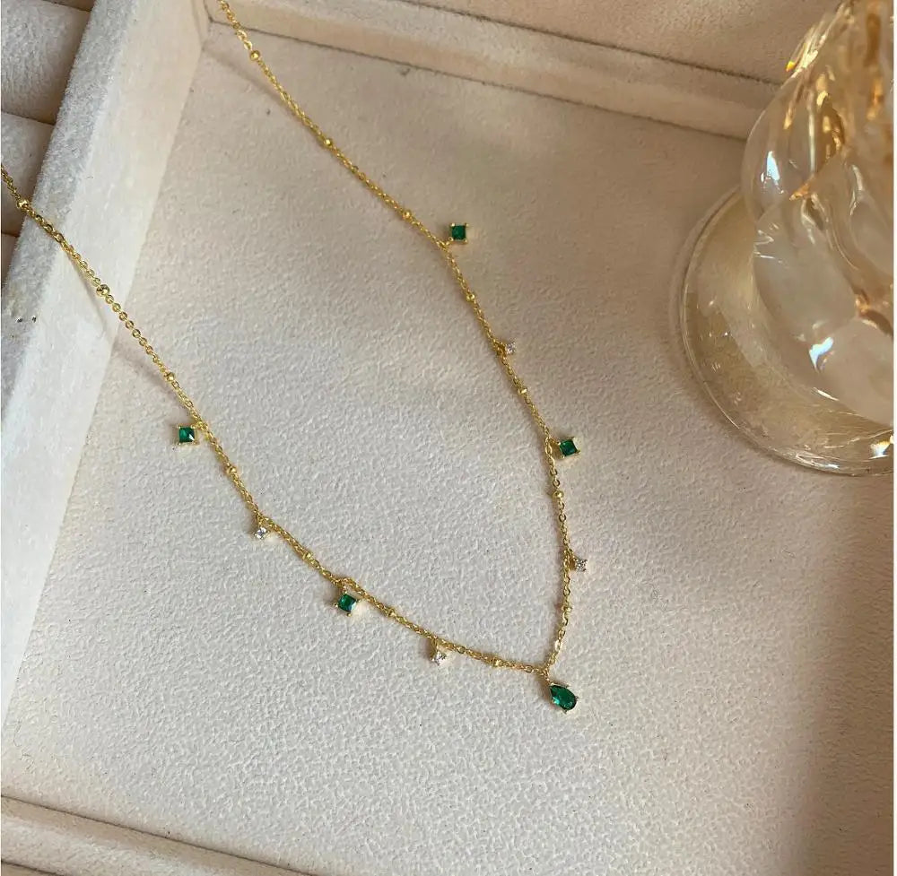 XIYANIKE Retro Emerald Inlaid Rhinestone Necklace Female Simple Temperament Exquisite Silver Color Clavicle Chain Oжерелье Gift