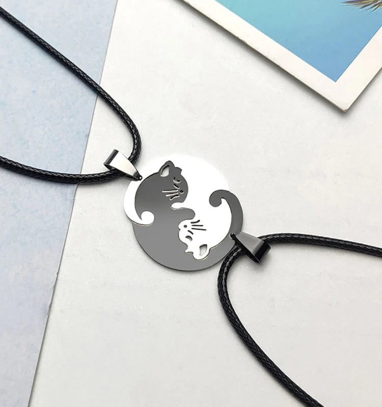 Stainless Steel Love Heart Round Yin Yang Pendant Necklaces Cute Hug Cat Couple Necklace