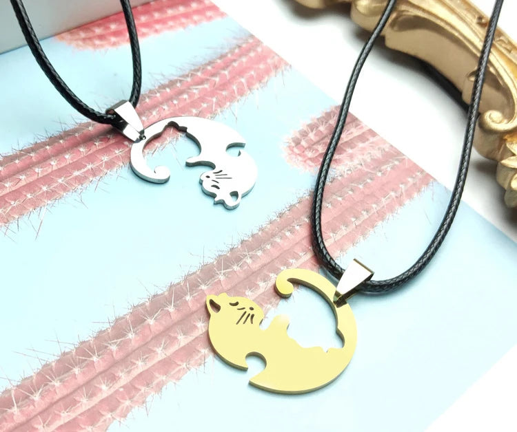 Stainless Steel Love Heart Round Yin Yang Pendant Necklaces Cute Hug Cat Couple Necklace