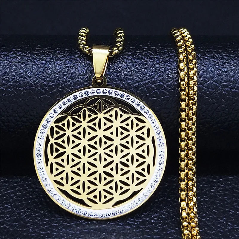 Yoga Flower of Life Stainless Steel Necklace for Women Men Gold Color Aesthetic Seed of Life Sacred Geometry Chain Jewelry N4834