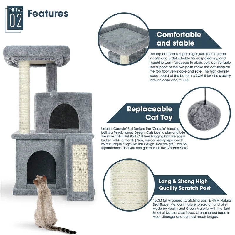 Cat Tree Luxury Cat Towers with Double Condos Spacious Perch Cat Hammock Fully Wrapped Scratching Sisal Post and Dangling Balls