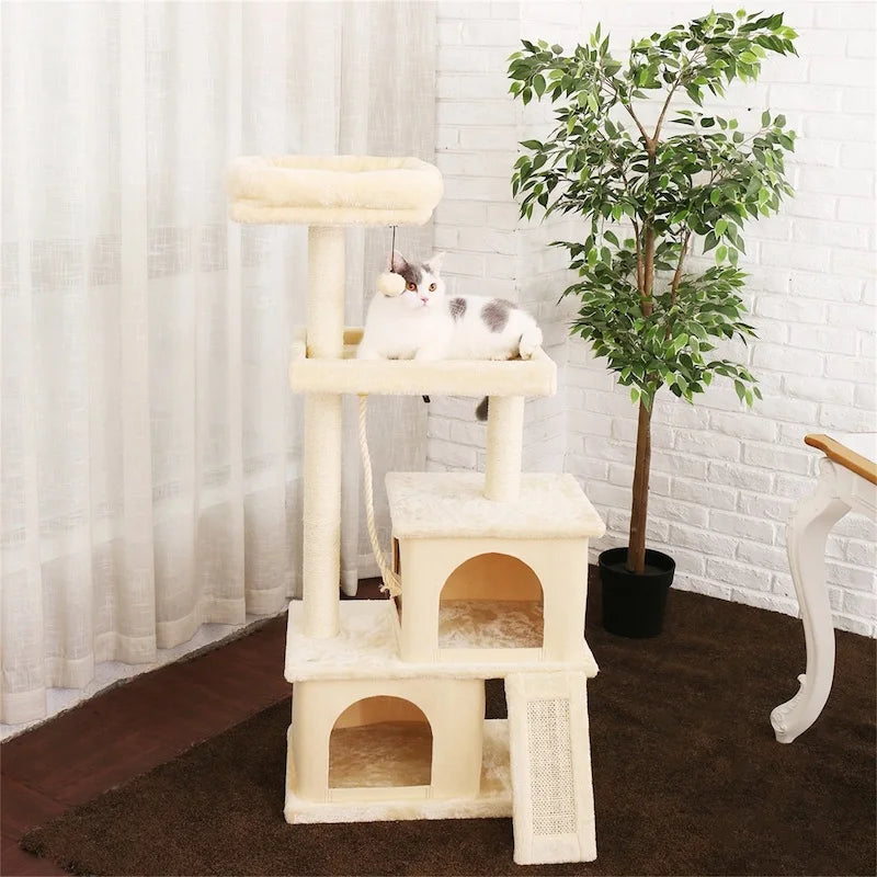 Cat Tree Luxury Cat Towers with Double Condos Spacious Perch Cat Hammock Fully Wrapped Scratching Sisal Post and Dangling Balls