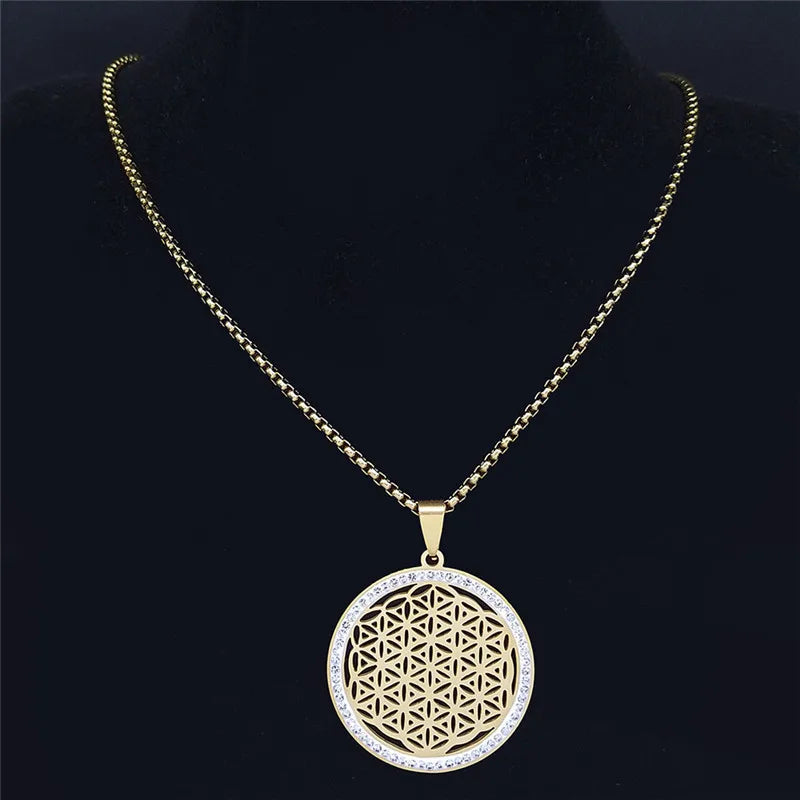 Yoga Flower of Life Stainless Steel Necklace for Women Men Gold Color Aesthetic Seed of Life Sacred Geometry Chain Jewelry N4834