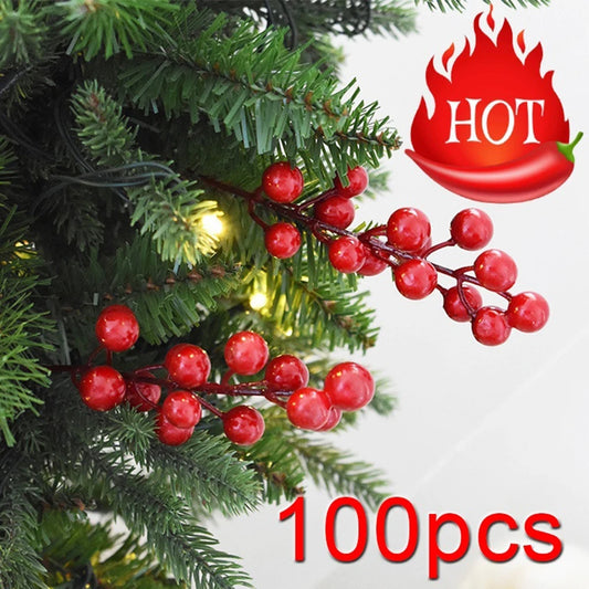 100 Pieces Christmas Red Berry Artificial Xmas Decor Froth Vivid Holly Berries Home Decoration Party Supplies Accessories