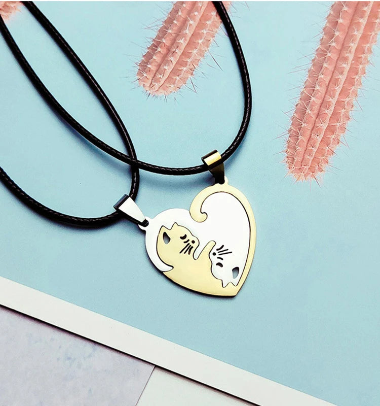 Stainless Steel Love Heart Round Yin Yang Pendant Necklaces Cute Hug Cat Couple Necklace